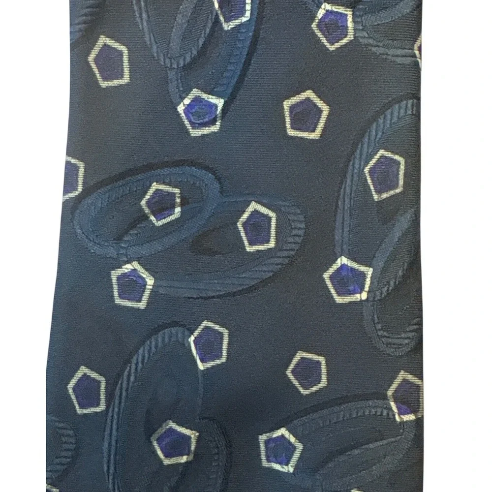 VTG Garrick Anderson Mens Silk Necktie Navy Blue Gold Purple Geometrice USA Made
